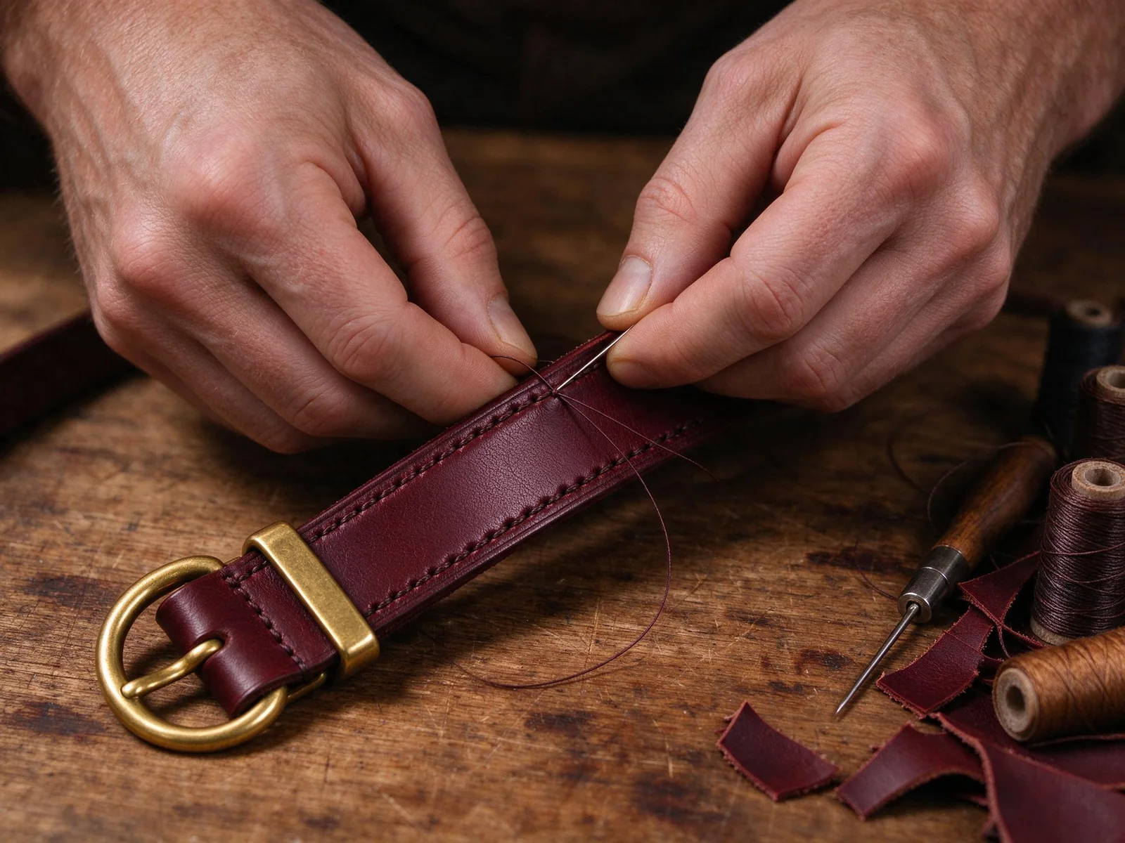 An artisan hand-stitching an oxblood leather dog collar at a wooden workbench