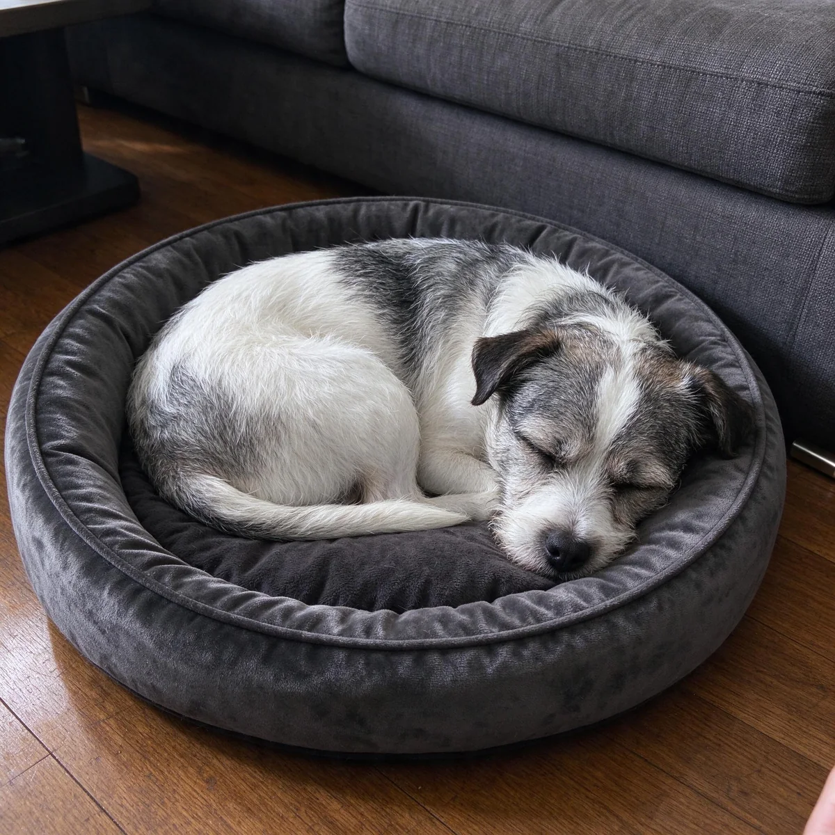A border terrier asleep in a charcoal velvet bolster bed